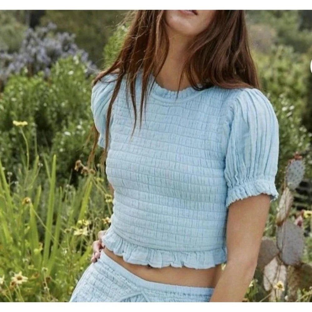 Free People A Sight To See Light Blue Smocked Gauzy Top Size Large NWT $108
